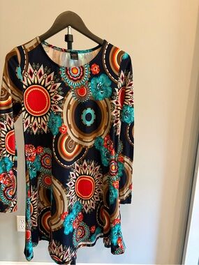 Navy Floral Geo Print Tunic Top with Teal Accents